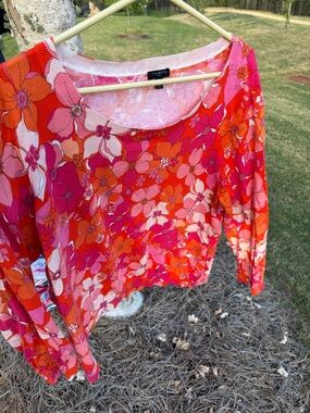 Talbots Floral Crew Neck Long Sleeve Sweater - Pink & Orange